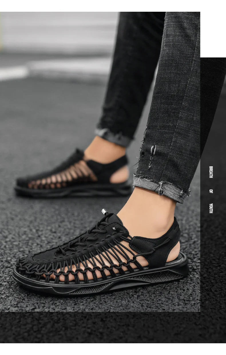 2023 Summer Men's  Sandals Lace Up Hand Woven Sandals Thick Soled Soft Non Slip Casual Shoes High Quality Couple Beach Shoes