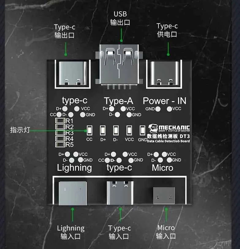 MECHANIC DT3 USB Cable Tester Data Cable Test PCB Board for IPhone Android USB Type-C Lightting Date Cable on-Off Detection
