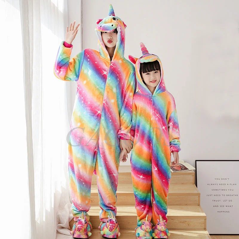Boy Girl Kigurumi Pajama Sets Panda Unicorn Pajamas For Women Pijimas Cat Onesie Adult Animal Sleepwear Winter Warm Pyjamas Kids