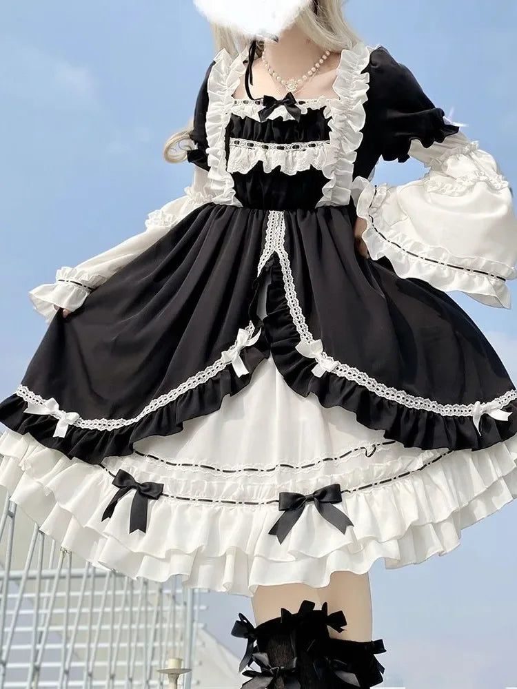 Contrast Color Japanese Dress Women Ruffled Patchwork High Waist Fairy Robe Y2k Aesthetic Ladies Sweet Dresses Vestido De Mujer