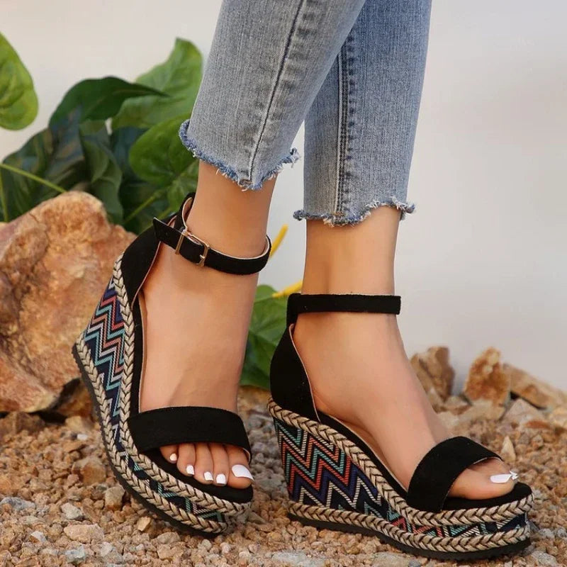 Summer New European and American Fashion Simple Ethnic Style Slope Heel Sandals with One Button High Heel Women's Shoes 2025