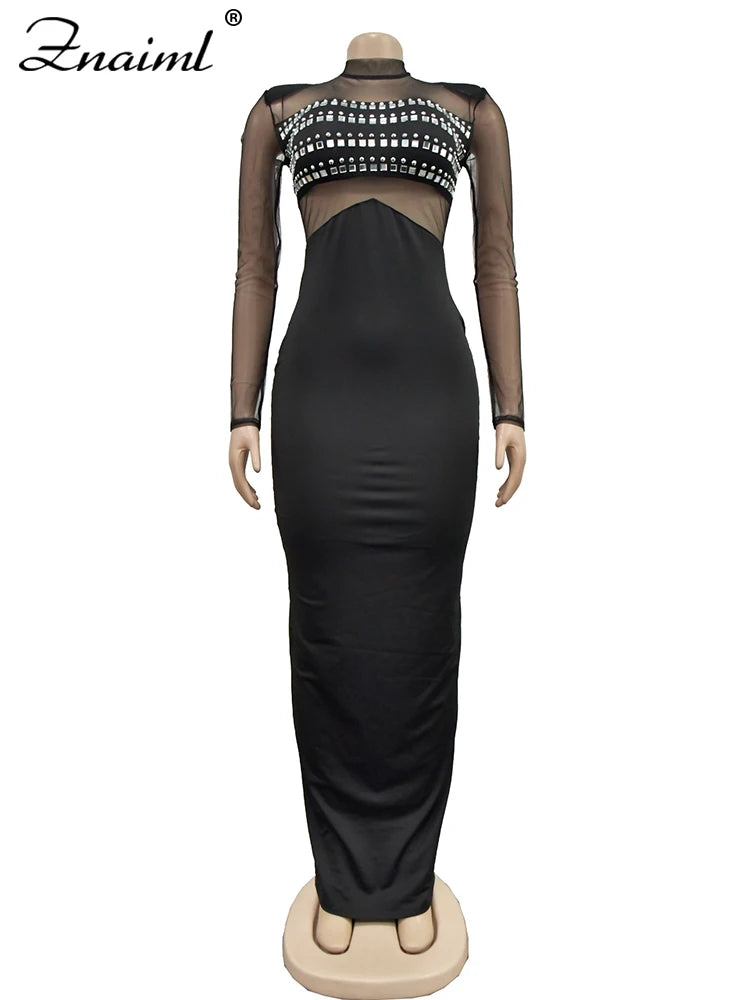 Znaiml Elegant Evening Birthday Diamonds Rhinestone Formal Prom Dress Woman Sexy Club See Through Mesh Patchwork Party Vestidos