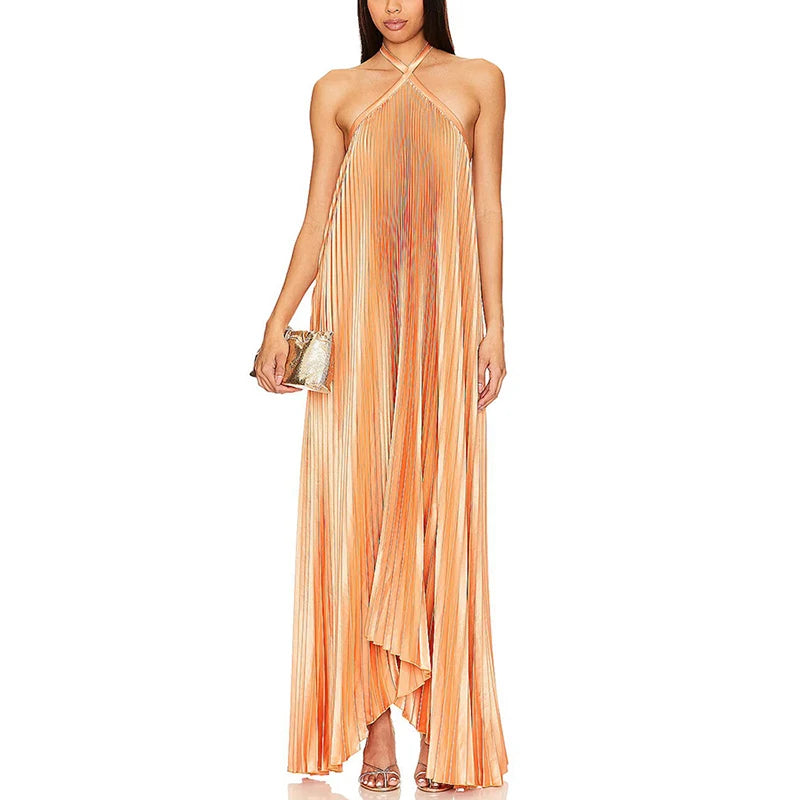 Sexy Halter Lace-up Backless Evening Dress Womens Spring Solid Rib Pleated Long Dress Summer Sleeveless Hollow Boho Maxi Dresses
