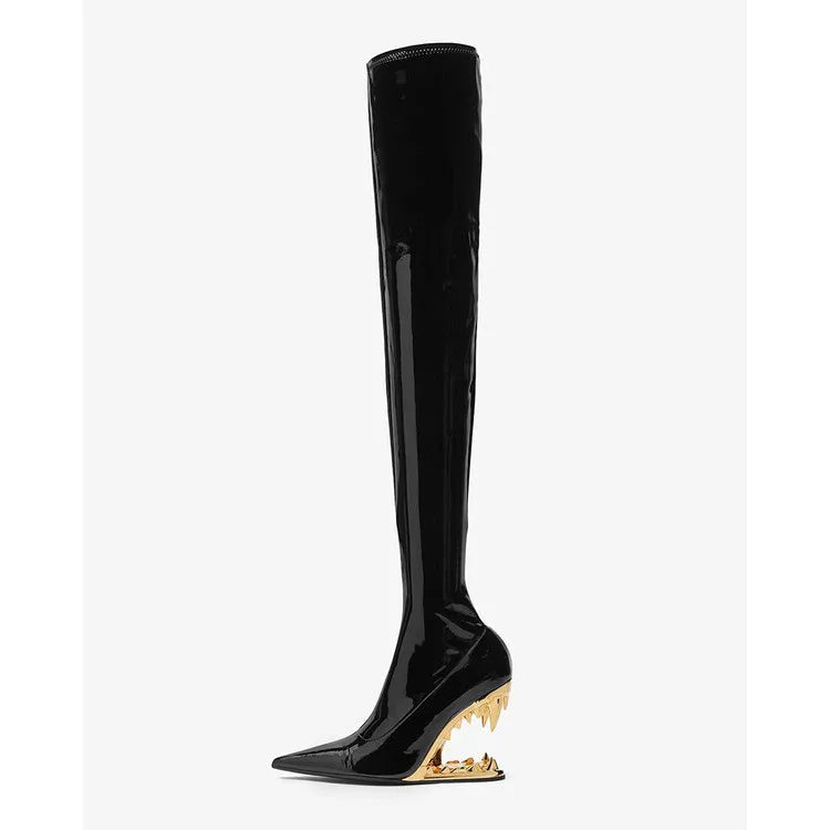 Women's Pointed Tiger Teeth Heel Knee High Elastic Boots Fashionable Over-the-Knee Super High Heel Banquet Show Shoes Autumn Winter