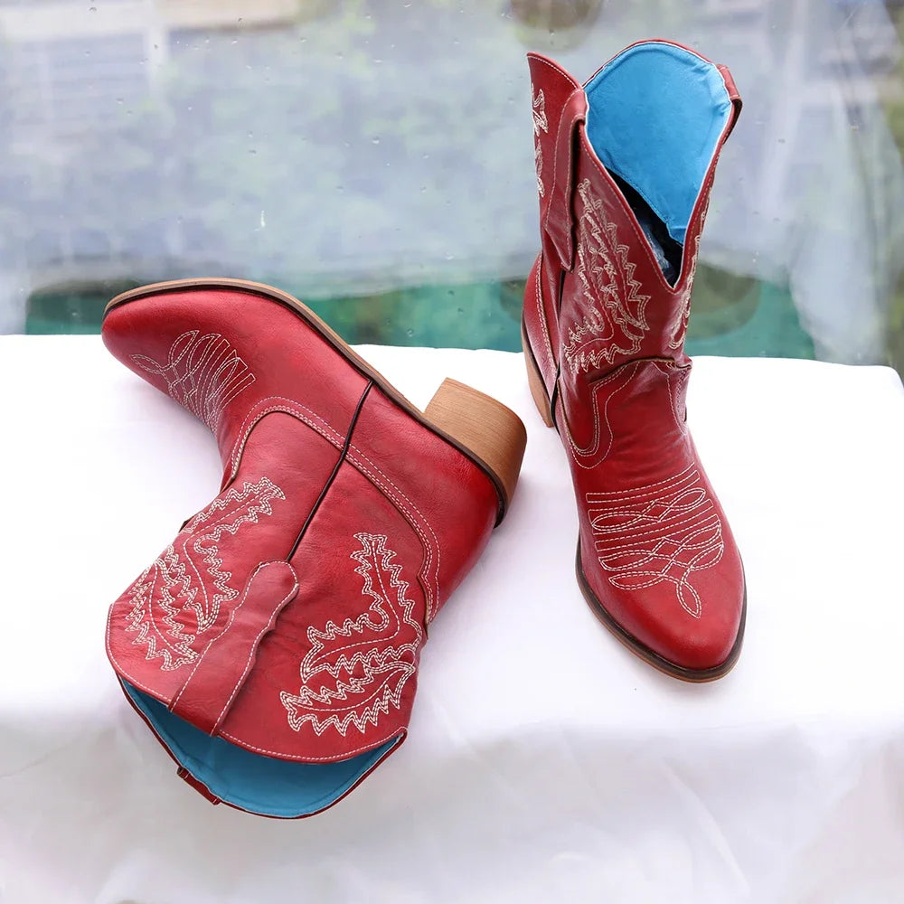 Women Cowboy Boots Luxury Embroidery Pointed Toe Winter Boots Ladies Shoes Comfortable Designer Botas Outdoor Skidproof Wearable