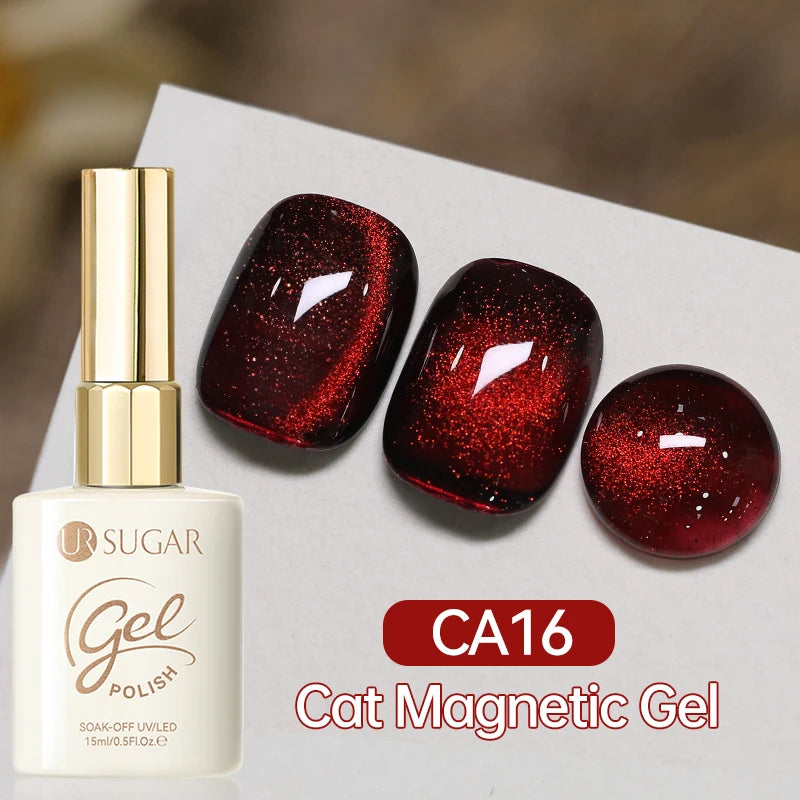 UR SUGAR 15ml  Autumn Winter Red Cat Magnetic Gel Nail Polish White Dopamine Nail Sparkling Glitter Soak Off UV LED for Manicure