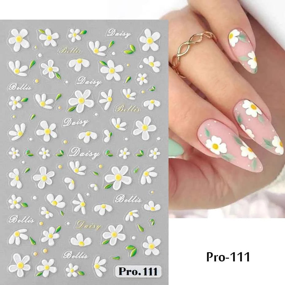 Daisy Dreams Nail Stickers - 5D White Flower & Bee Design, Self-Adhesive Acrylic Decals for DIY Manicure Magic