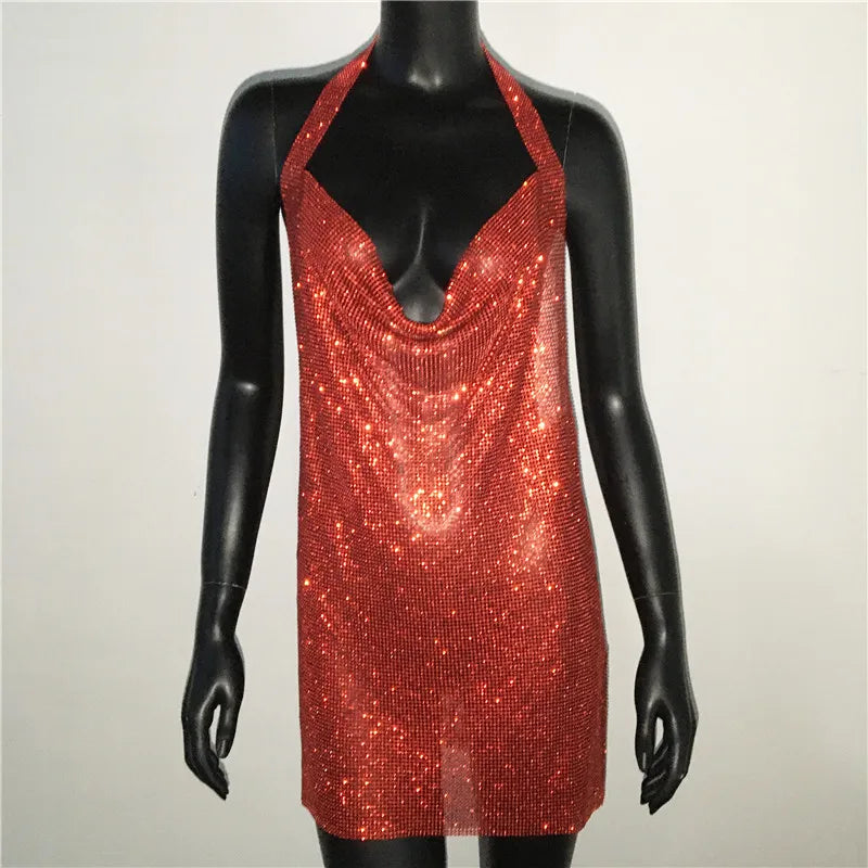 Bling Backless Rhinestone Dress - Sexy Deep V Neck, Sleeveless, Side Split Halter for Nightclub & Party