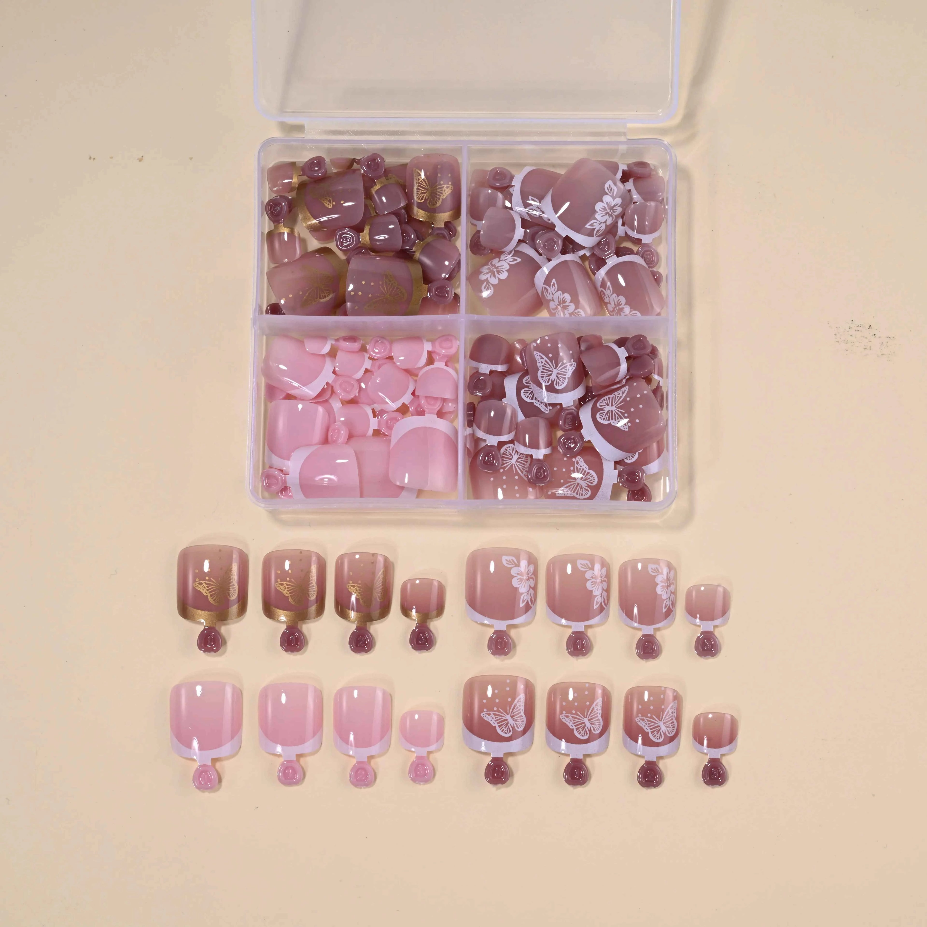 GlamNails Glossy Short-Square Press-On Toenails - 96 Pcs in 4 Stunning Colors: Nude, Pink, Brown