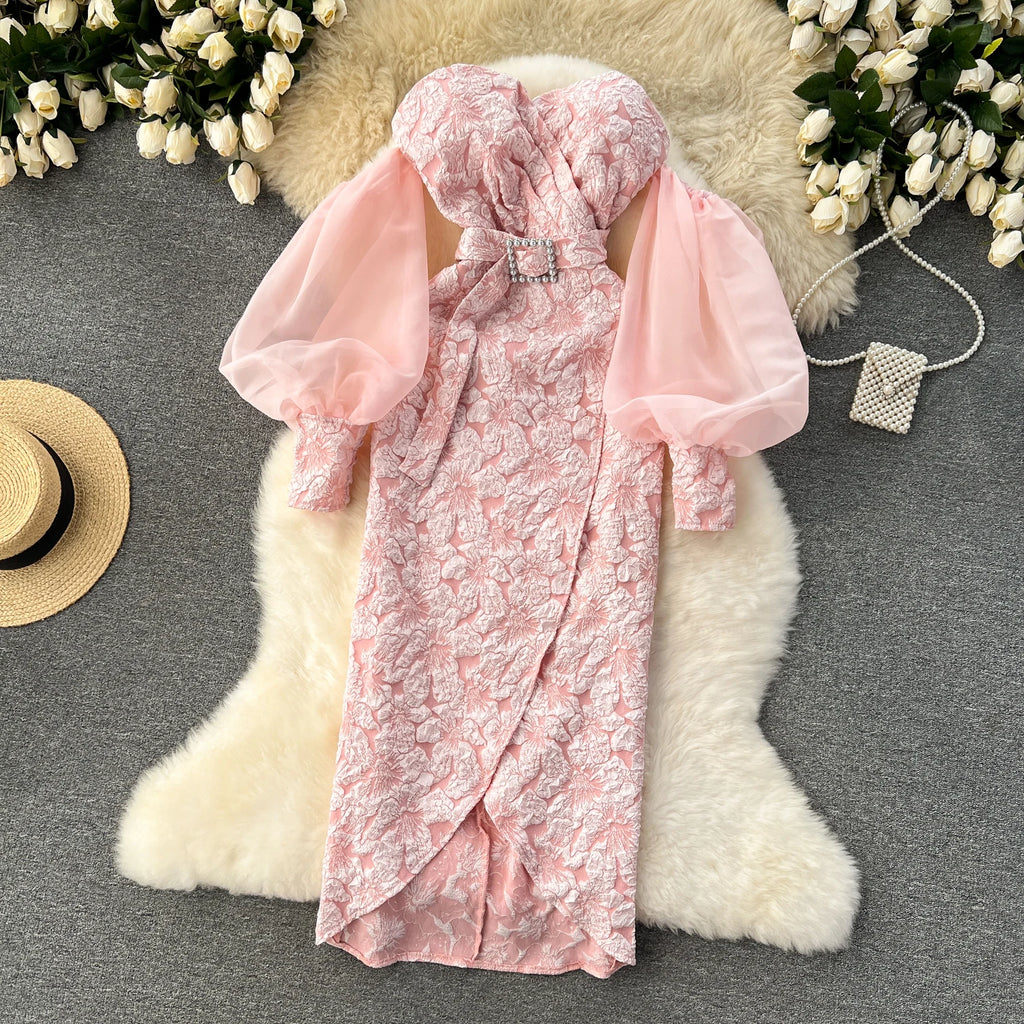 Vintage Chic Sequin Bishop Sleeve Off-Shoulder Slim Tube Dress