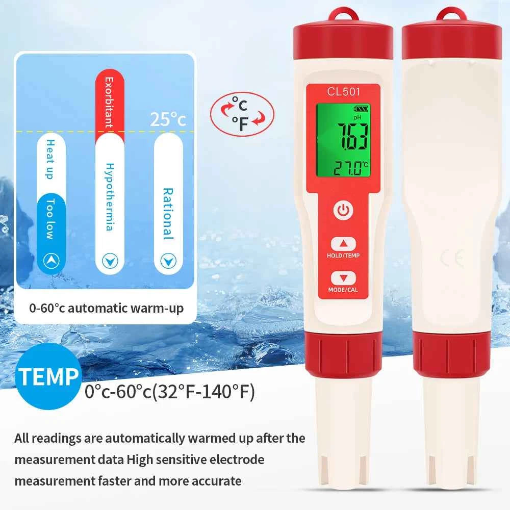 Multifunctional Chlorine Testing Pen 2/3/4/5 in 1 Water Quality Tester CL2 TEMP pH H2 ORP Measuring For Aquarium Swimming Pool
