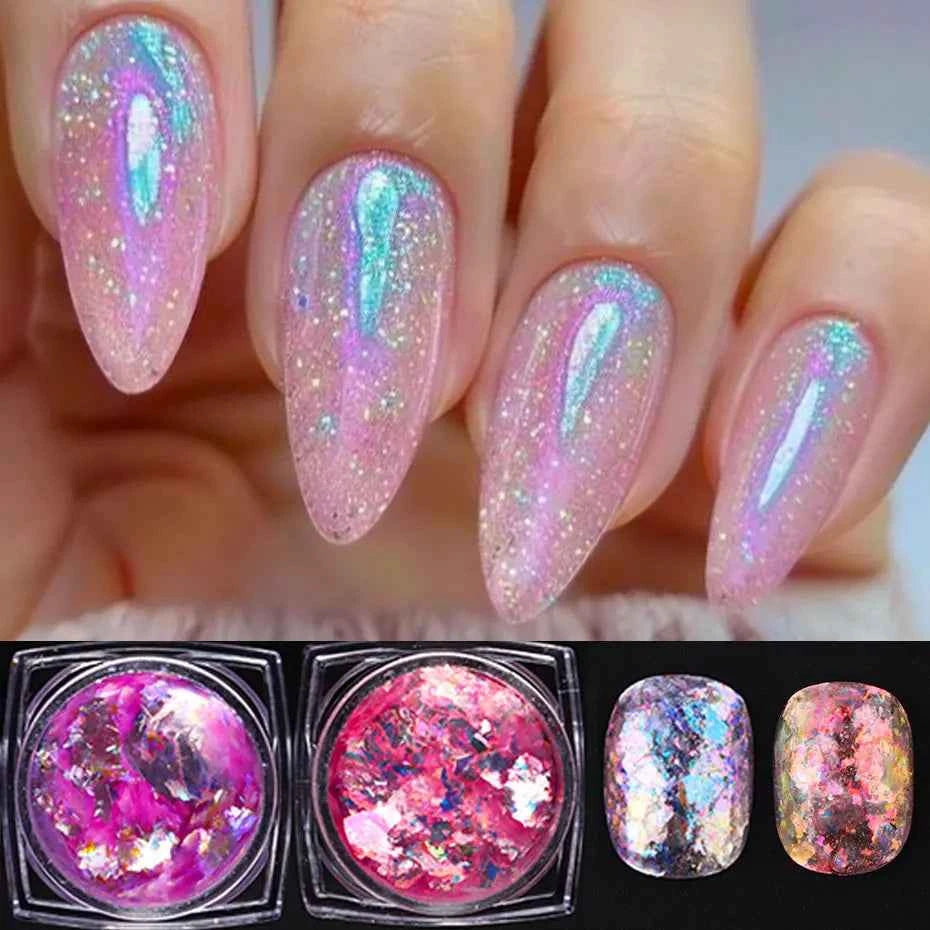 Aurora Opal Nail Flakes - Holographic Glitter Powder for Dazzling Mermaid Nail Art