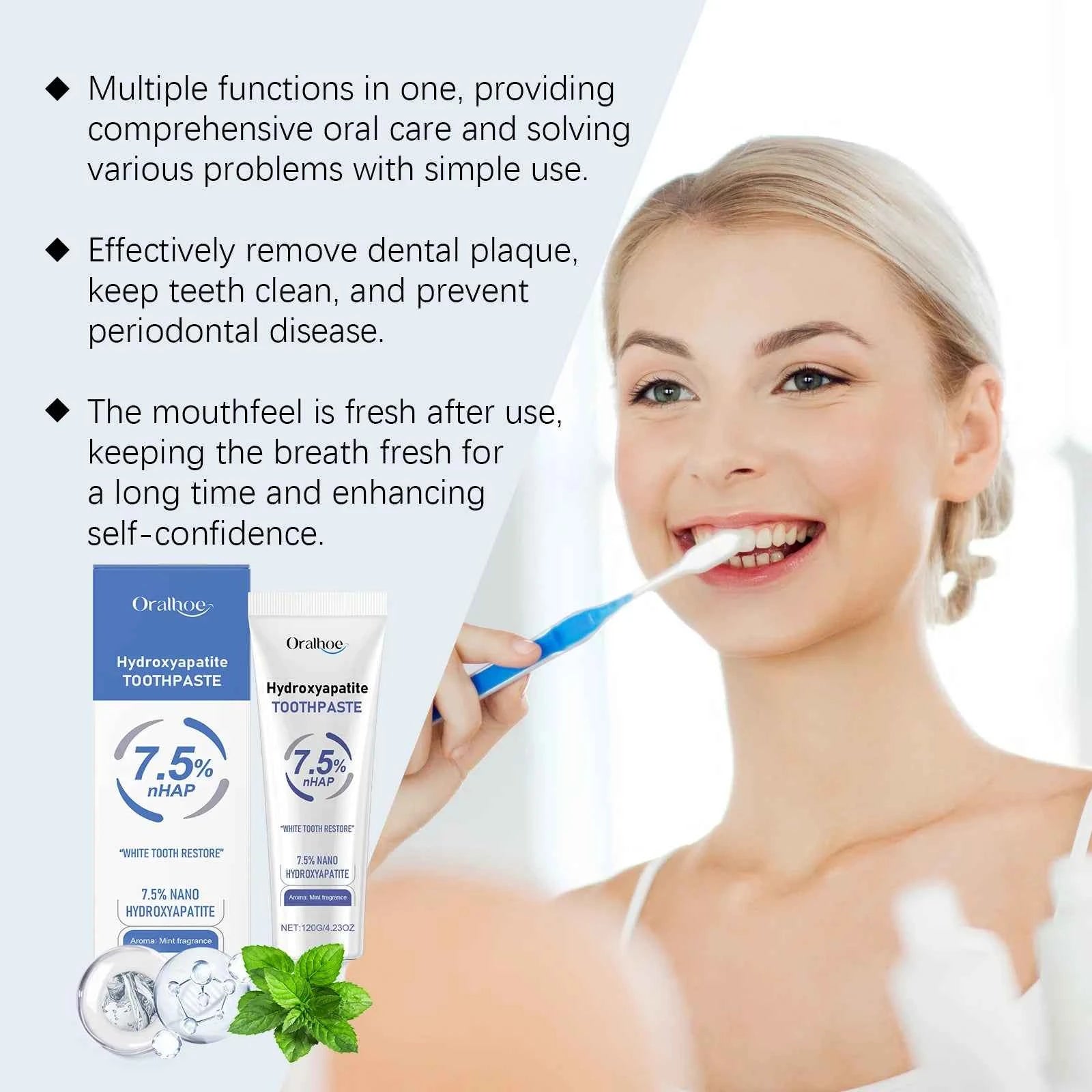 BrightSmile Hydroxyapatite Toothpaste - Mint Flavor, Breath Freshening, Stain Removal, Gum Repair, Teeth Whitening