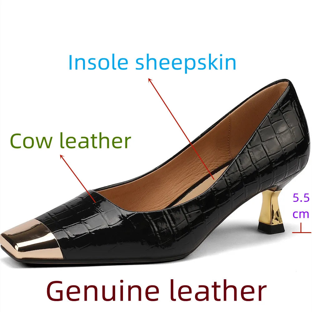【JOCHEBED HU】Brand New Shoes Metal Square Toe Women Pumps Patchwork Genuine Leather Thin High Heels Ladies Footwear Plus 34-43