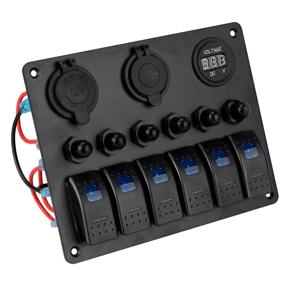 12V 24V 6 Buttons Car Switch Panel 15A Fuse Marine Circuit Breaker Voltmeter Tester Light Toggle USB Chargers 3.0 Auto Splitter