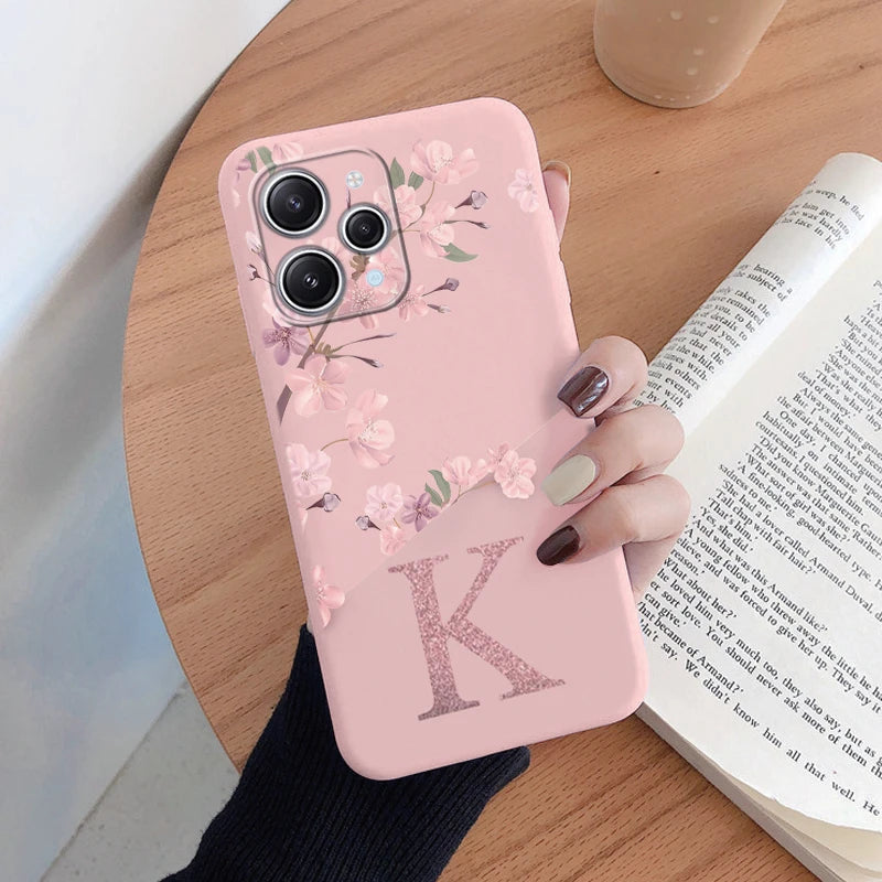 Redmi 12 Note 14 Pro Silicone Phone Case - Pink Floral Design with Personalized Initial A-Z - Stylish & Protective Cover