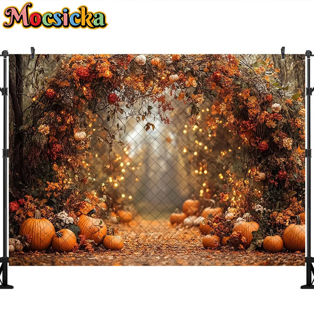 Mocsicka Photography Backdrop Autumn Pumpkin Maple Leaves Decoration Fall Portraits Photo Supplies Backgrounds For Photographs