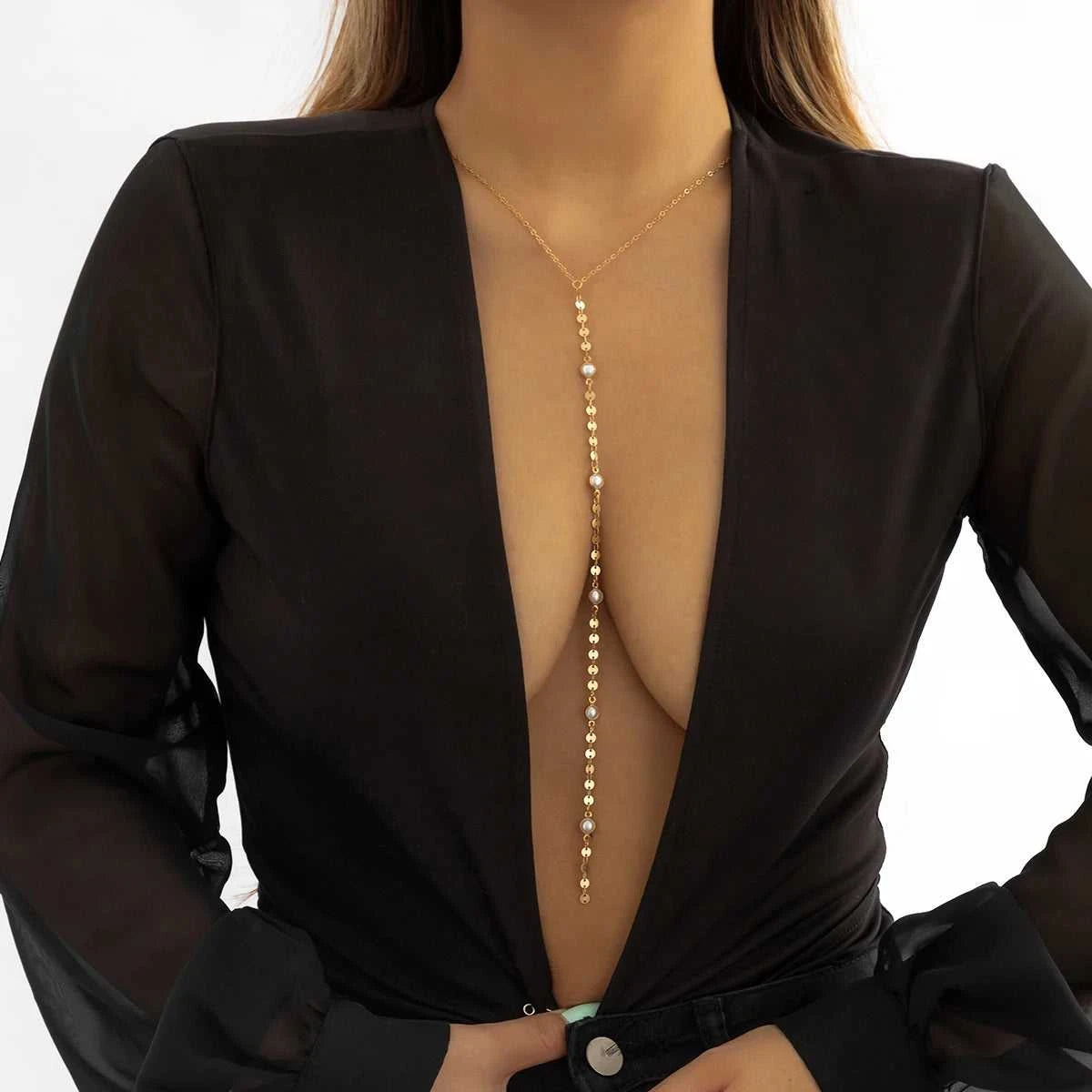 IngeSight.Z Simple Long Imitation Pearls Back Necklace For Women Sexy Tassel Harness Bikini Chest Chain Body Jewelry Mujer The jack market .AU The jack market .AU Jewellery & Chains $ 48 200001034:203027829#JS05178