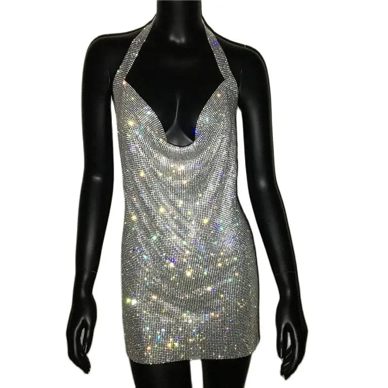 Bling Backless Rhinestone Dress - Sexy Deep V Neck, Sleeveless, Side Split Halter for Nightclub & Party