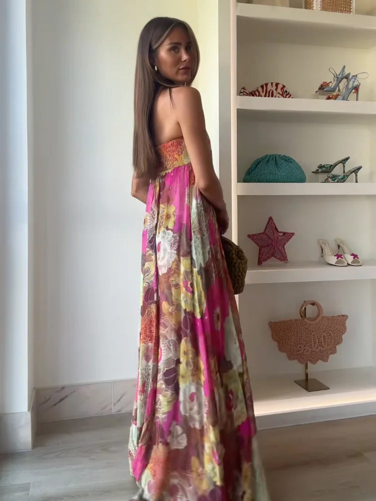 Chic Floral Print Pleated Long Dress Women's Sexy Strapless Backless Loose Party Vestidos 2025 Summer Lady High Street Robes New