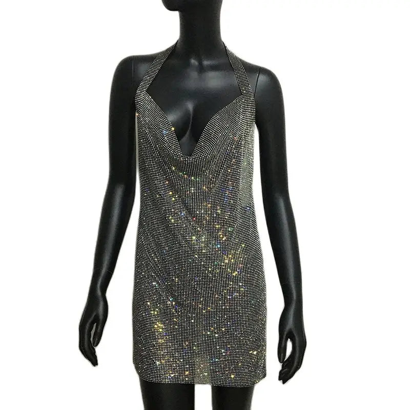 Bling Backless Rhinestone Dress - Sexy Deep V Neck, Sleeveless, Side Split Halter for Nightclub & Party