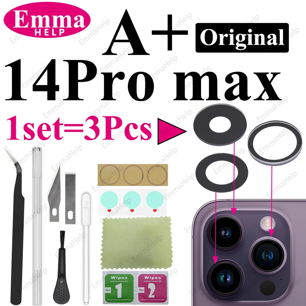 Sapphire Camera Lens Glass for iPhone 15/14/13/12/11 Pro Max Plus Mini - Complete Repair Kit with Adhesive