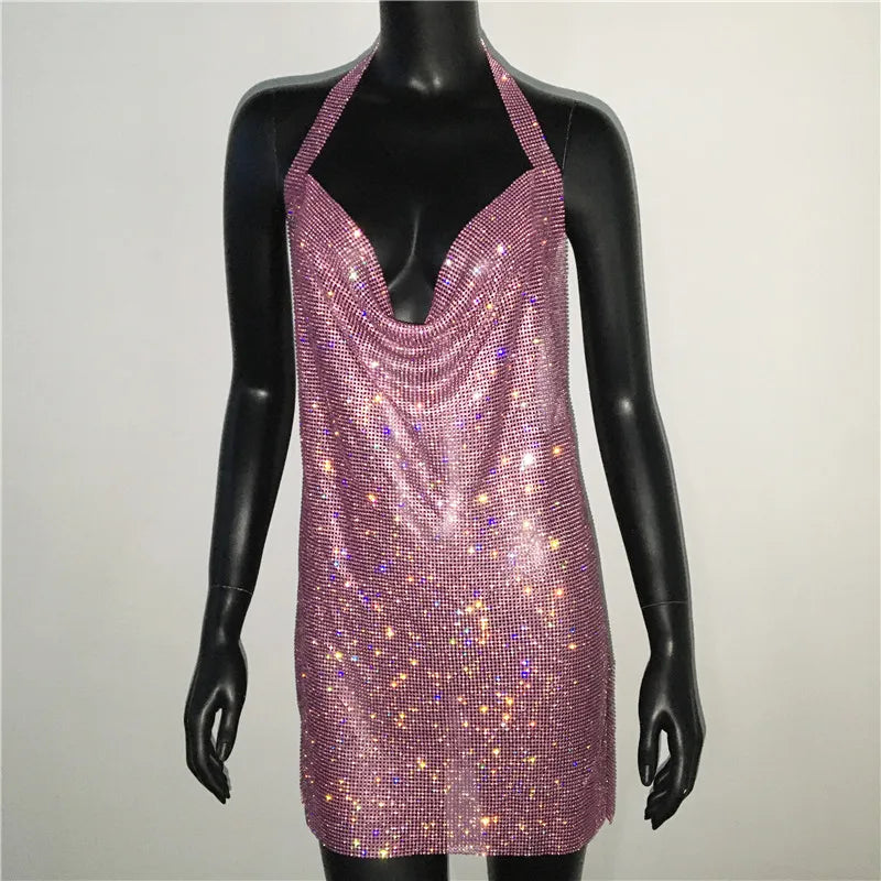 Bling Backless Rhinestone Dress - Sexy Deep V Neck, Sleeveless, Side Split Halter for Nightclub & Party