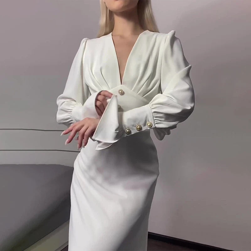 Women's Elegant Deep V-neck Chiffon Party Dress Casual Lantern Sleeves Solid Waist Slim Long Dress Fashion Draped Evening Dress