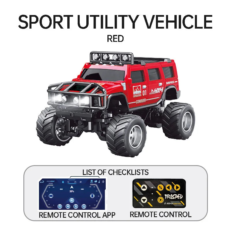 1/64 RC Car Mini HG4-221 Off-Road Vehicle Simulation Hummer 2.4G Remote Control Climbing Car with APP Lights Control Gifts Toys