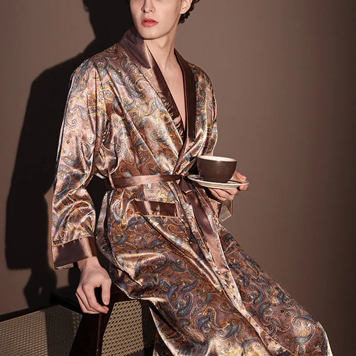 Men's Thin Bathrobe High Quality Nightrobes One-Piece Robe Male Loungewear Gents Spring and Autumn New Ice Silk Printed Pajamas