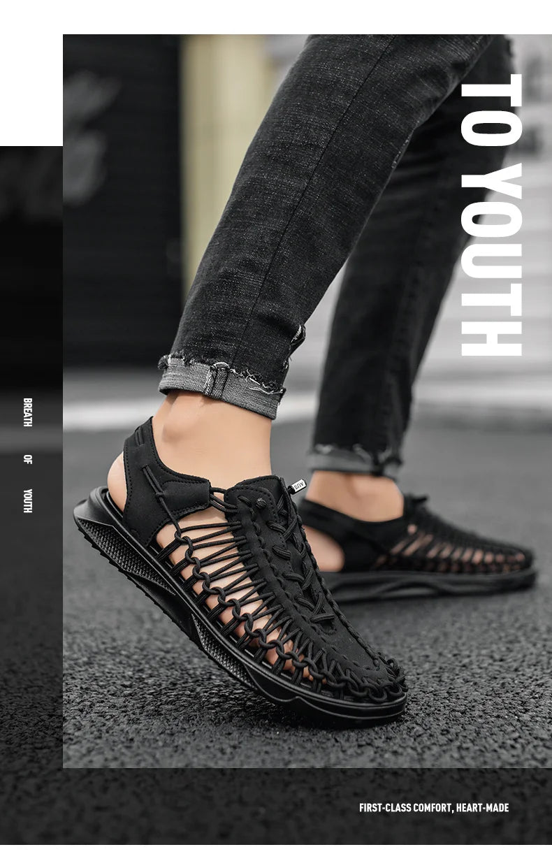 2023 Summer Men's  Sandals Lace Up Hand Woven Sandals Thick Soled Soft Non Slip Casual Shoes High Quality Couple Beach Shoes