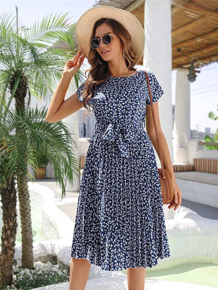 Msfilia Summer Print Pleated A Line Long Dress Women Short Sleeve High Waist Spring Round Neck Chic Dress with Belt The jack market .AU The jack market .AU Woman Fashion $ 88 14:200004870#Flower NavyBlue;5:100014065
