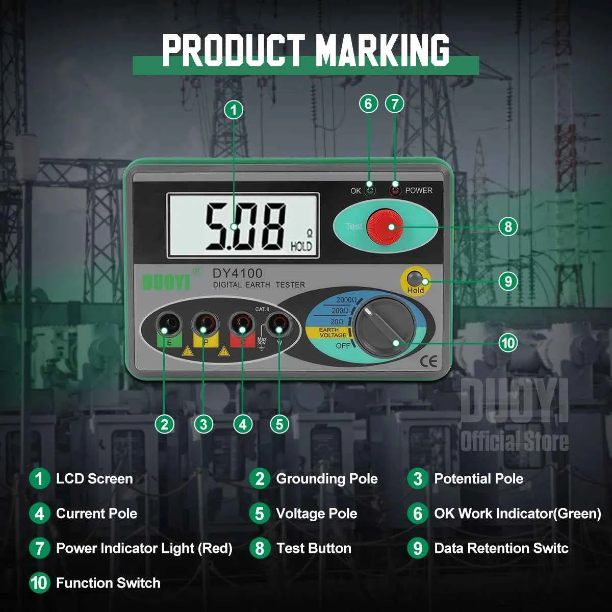 Digital Earth Ground Resistance Tester,0-2000 ohm Meter Earth Resistance Tester,Overload Protection AC Ground Voltage Meter