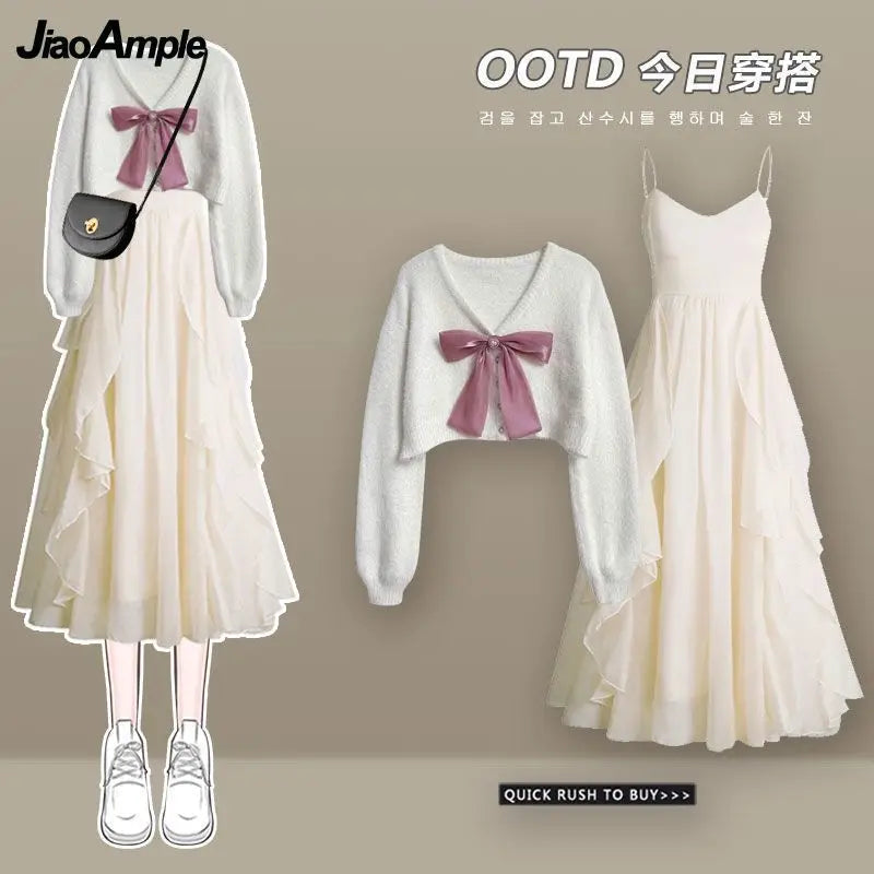 Elegant Korean Chic Two-Piece Dress Set: Short Sweater & Suspended Skirt for Spring & Autumn