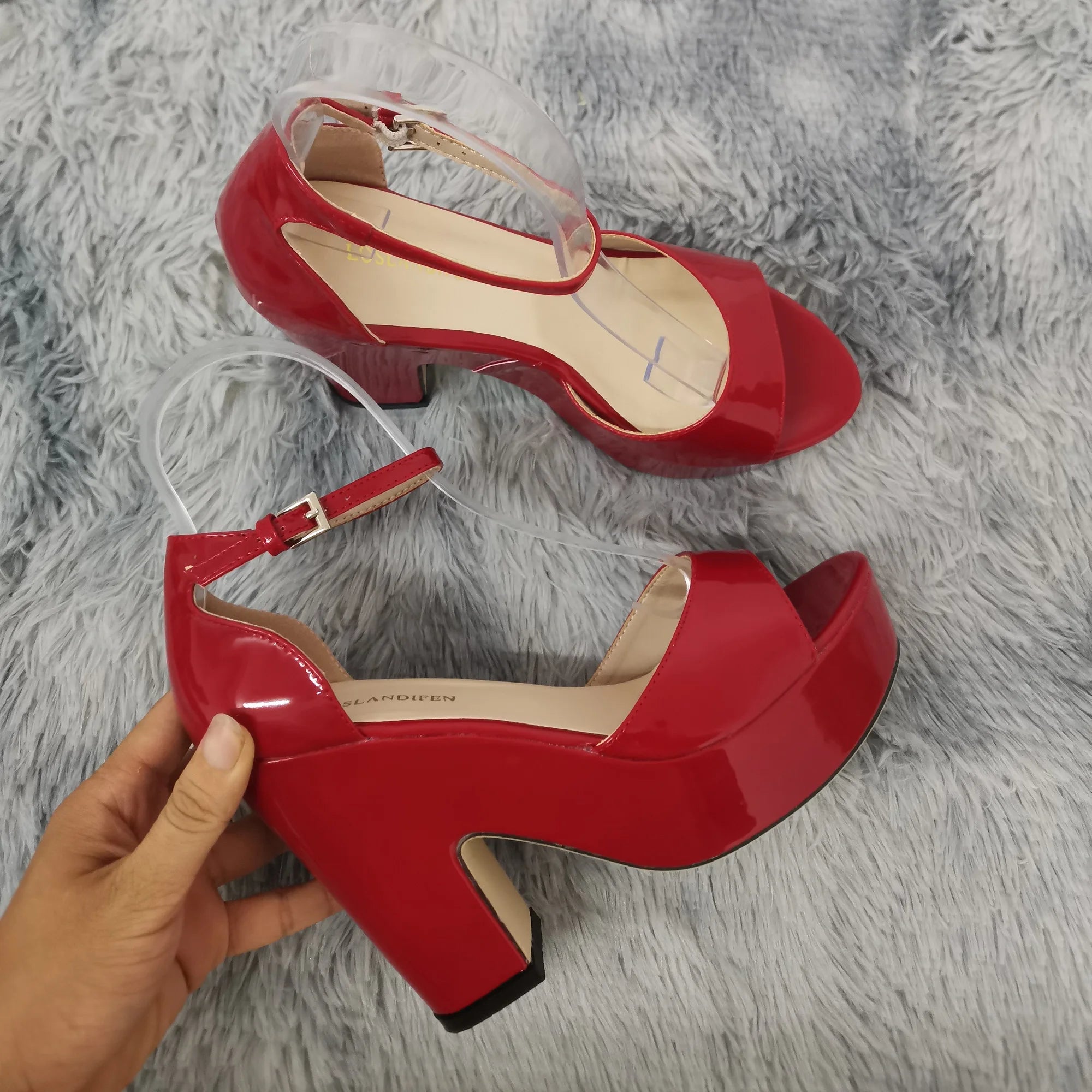 Women Sandals 2026 Summer Ankle Strap Pumps Colourful Sexy Peep Toe Square High Heels Flock Platform Wedding Pole Dancing Shoes