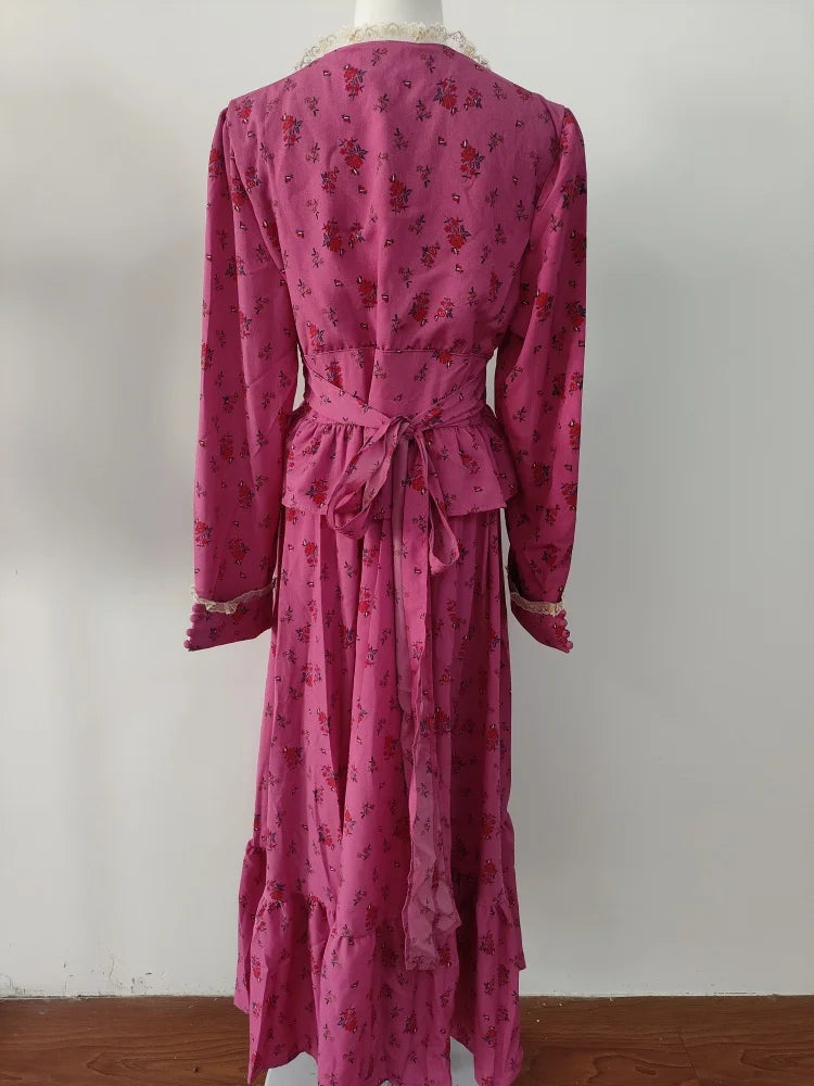 Rose Red Flower Autumn Long Sleeve French Vintage Dress V-neck Waist Cinched Slimming Ruffle Large Swing Long Dress for Women