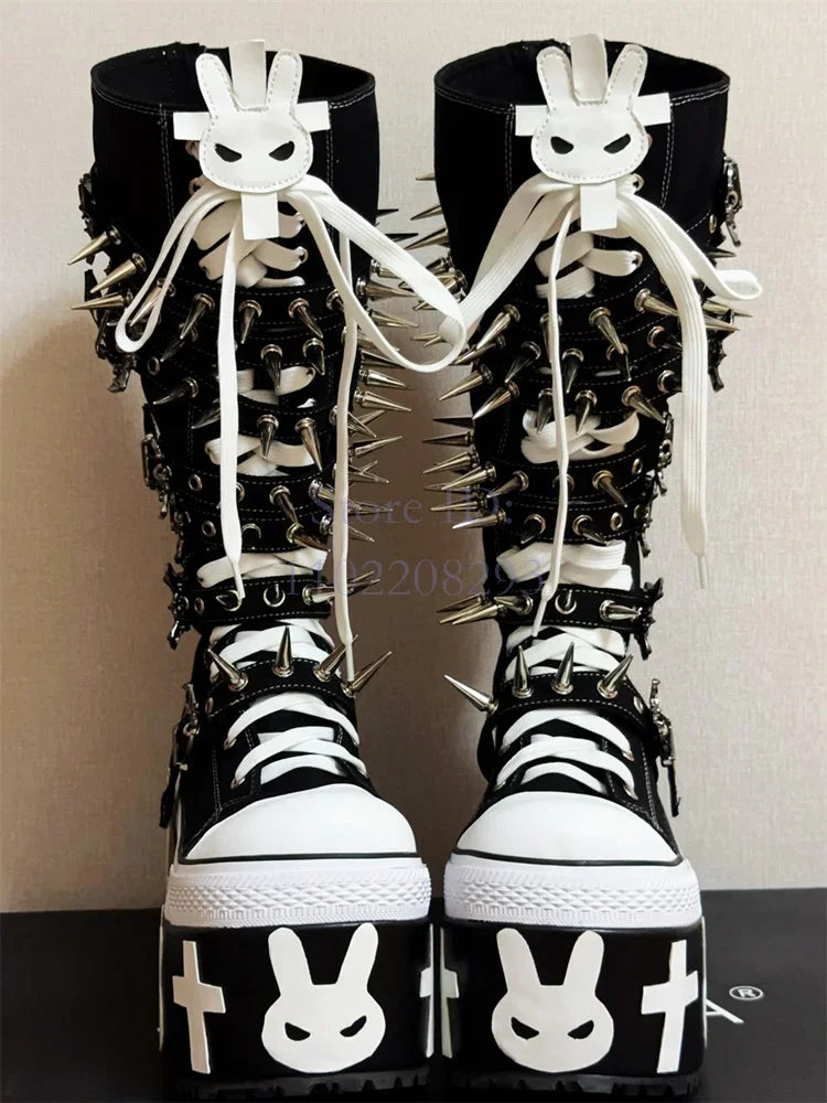 Cross Rivet Knee-high Boots Punk Round Toe y2k Platform Devil Angel Canvas Shoes Lace-up Women's Motorcycle Boots 2025 Halloween
