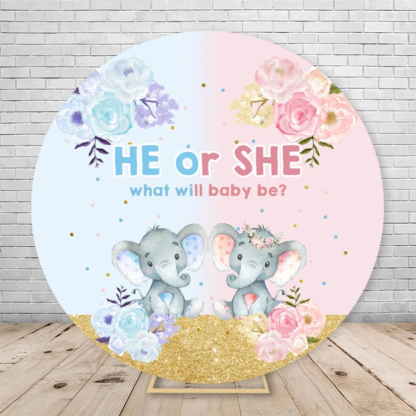 Gender Reveal Backdrop Round Cover Watercolor Cloud Bear Party Decor He or She Oh Baby Shower Photography Background Elasticity