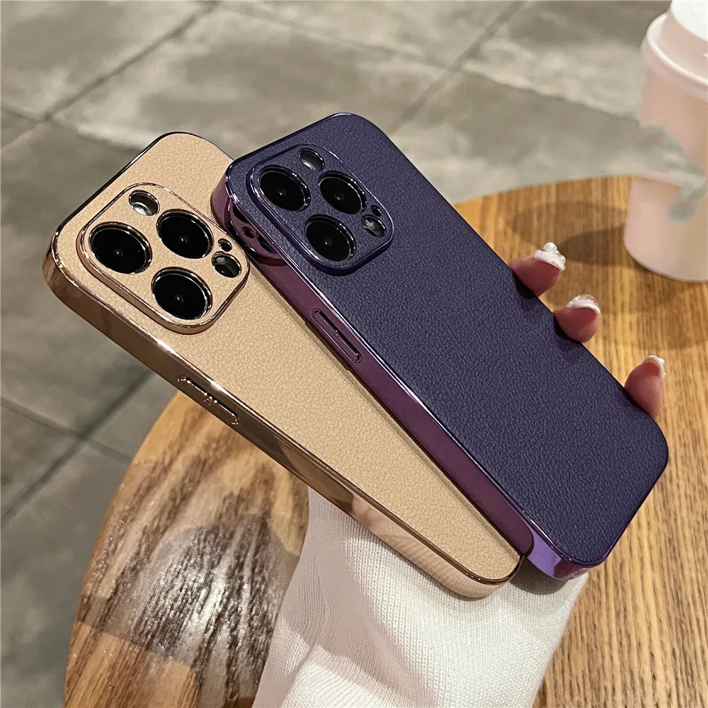 LuxeGuard Retro Lambskin Leather iPhone Case - Shockproof Bumper with Lens Protection for All Models 11-17