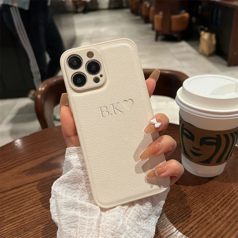 Custom Initial Name Case for iPhone 15/16 Pro Max - Personalized Soft Leather PU Cover