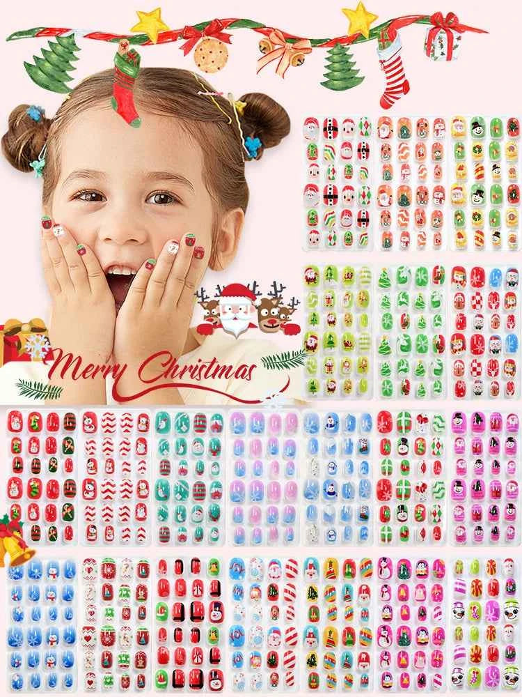 24pcs Princess Girls Christmas Press On Nails Candy Color Kawaii Christmas Tree Snowman False Nails New Year Children Fasle Nail
