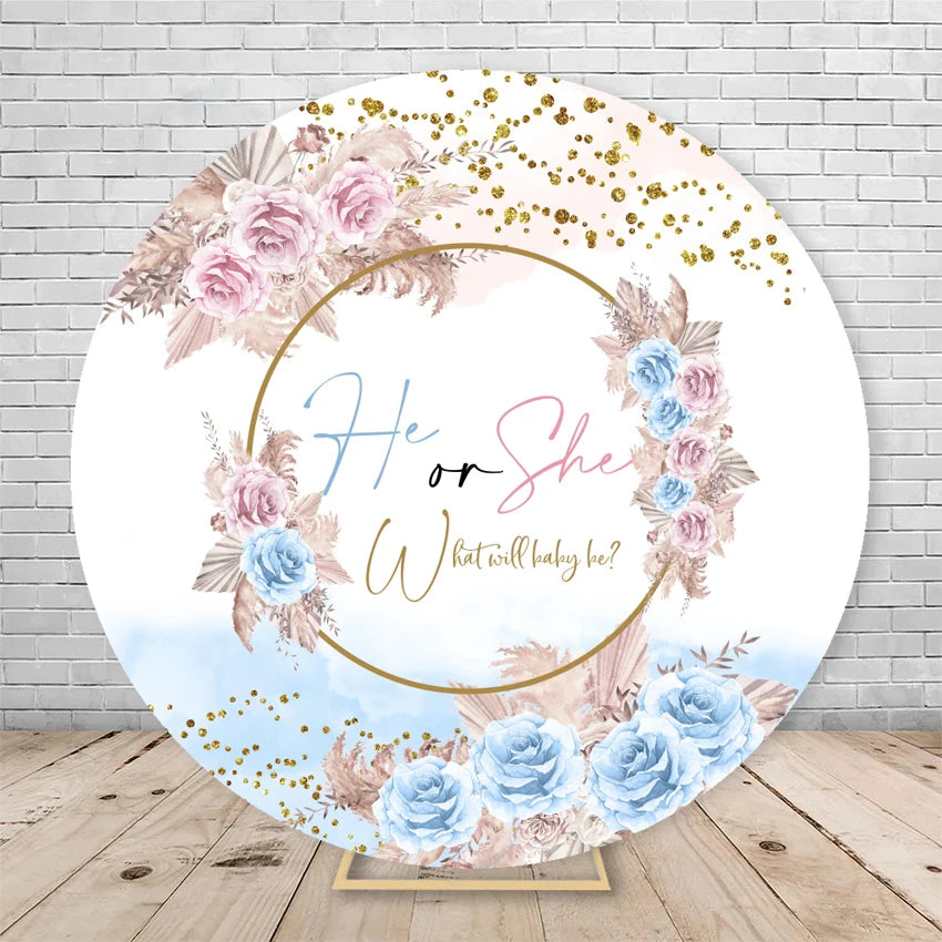 Gender Reveal Backdrop Round Cover Watercolor Cloud Bear Party Decor He or She Oh Baby Shower Photography Background Elasticity