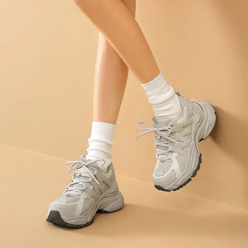 BEAUTODAY Platform Sneakers Women Mesh Solid Color Breathable Trainers Lace-up Round Toe Thick Sole Ladies Shoes Handmade 29462