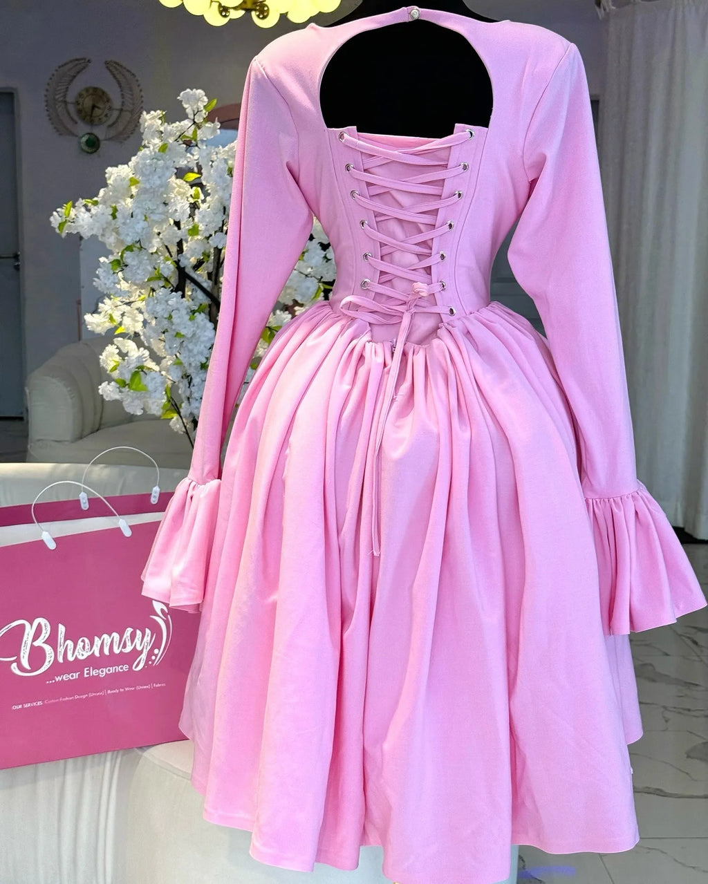 Elegant Pink A-Line Dress for Women - Pleated Round Neck, High Waist, Perfect for Parties and Weddings