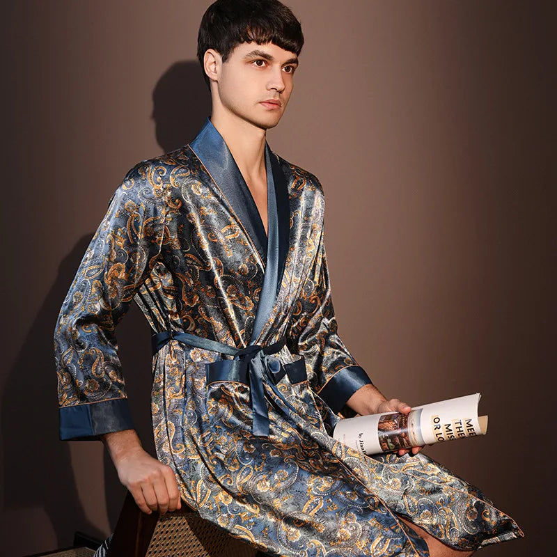 Men's Thin Bathrobe High Quality Nightrobes One-Piece Robe Male Loungewear Gents Spring and Autumn New Ice Silk Printed Pajamas