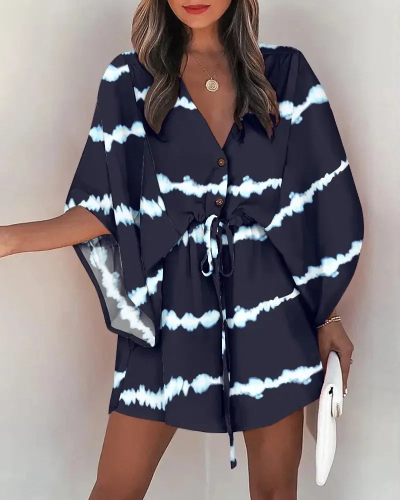 Bohemian Beach Mini Dress - Sexy V-Neck, Bat Sleeves & Floral Print for Effortless Summer Style