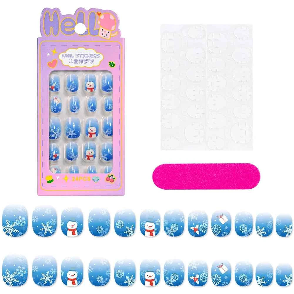 24pcs Princess Girls Christmas Press On Nails Candy Color Kawaii Christmas Tree Snowman False Nails New Year Children Fasle Nail