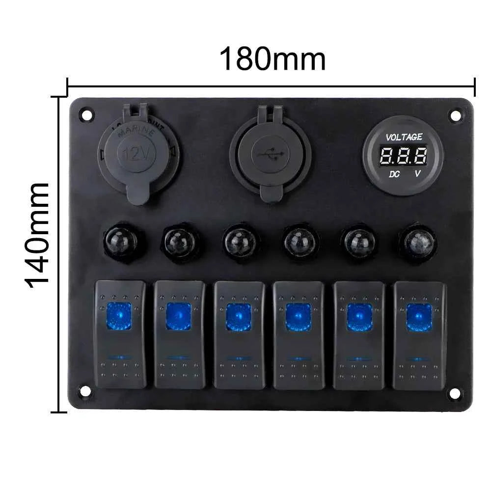 12V 24V 6 Buttons Car Switch Panel 15A Fuse Marine Circuit Breaker Voltmeter Tester Light Toggle USB Chargers 3.0 Auto Splitter