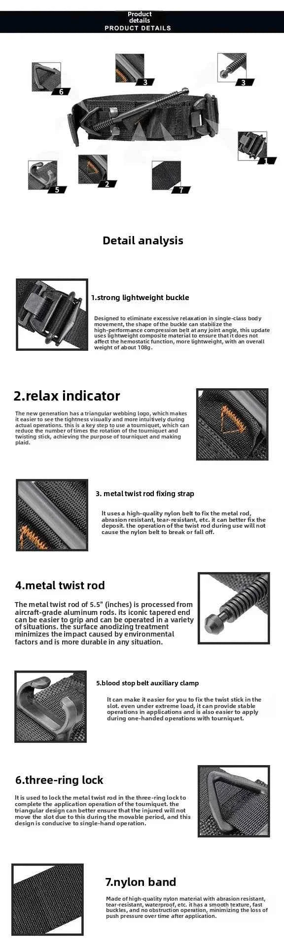 SOF spinning tourniquet bandage, fifth generation aluminum alloy solid metal rod triangle buckle, fast hemostasis for injuries