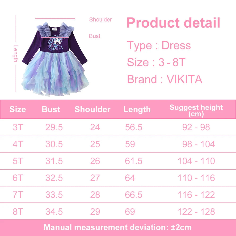 VIKITA Girls Irregular Dress Kids Unicorn Cartoon Dress with Flare Sleeve Children Party Layered Cake Princess Elegant Dresses